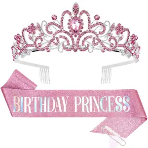 P-HDW019   Princess Crown and Birthday Sash Set, Pink Tiara for Women, Birthday Decorations for Girls, Gifts