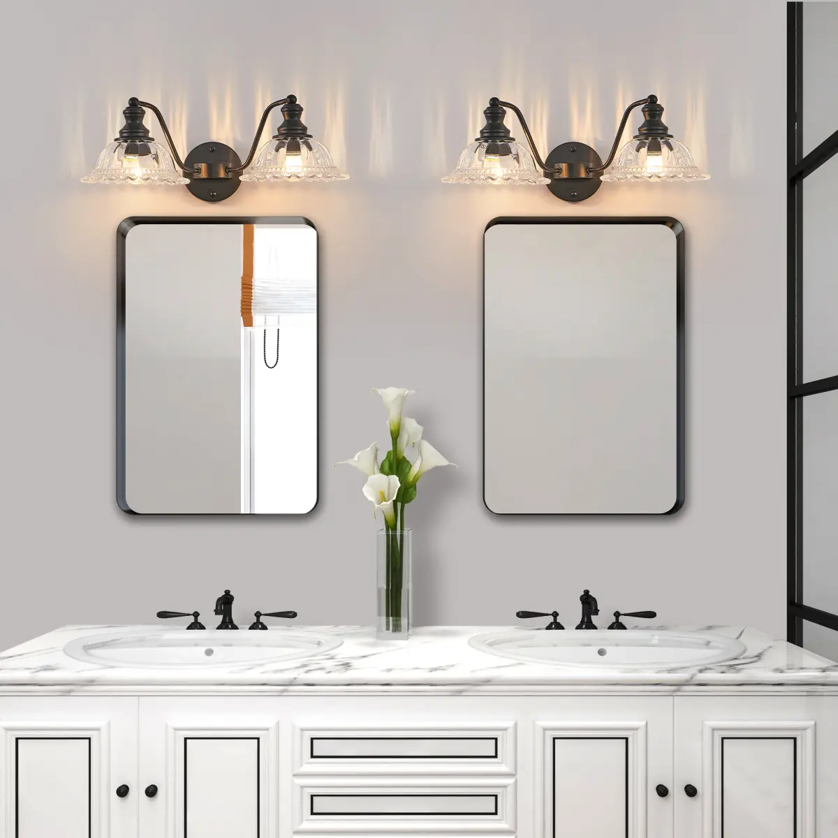 20 Inch 2-Light Vintage Bathroom Wall Sconce – Elegant Black Metal and Glass Lampshade Vanity Light Fixture for Bathroom, Hallway, or Bedroom (Bulb Not Included)