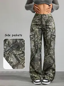 Women's High Waist Loose Fit Camo Cargo Pants, Casual Straight Leg Denim Jeans, Y2K Fashion Winter Sports Pants with Pockets, High Waisted Design