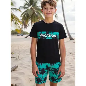 Boys 2-Piece Tropical Palm Tree Print Set, Clothing Sets, Outfit, Casual Fitted Short Sleeve T-Shirt and Track Shorts for Outdoor Play, Stylish Kids Clothing