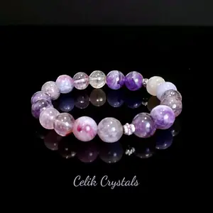 Chevron Amethyst Bracelet With Pink/Purple Tourmaline Quartz & Purple Ghost Amethyst 10mm Natural Stones Unique Crystals Beauty Calming Properties Stainless Steel