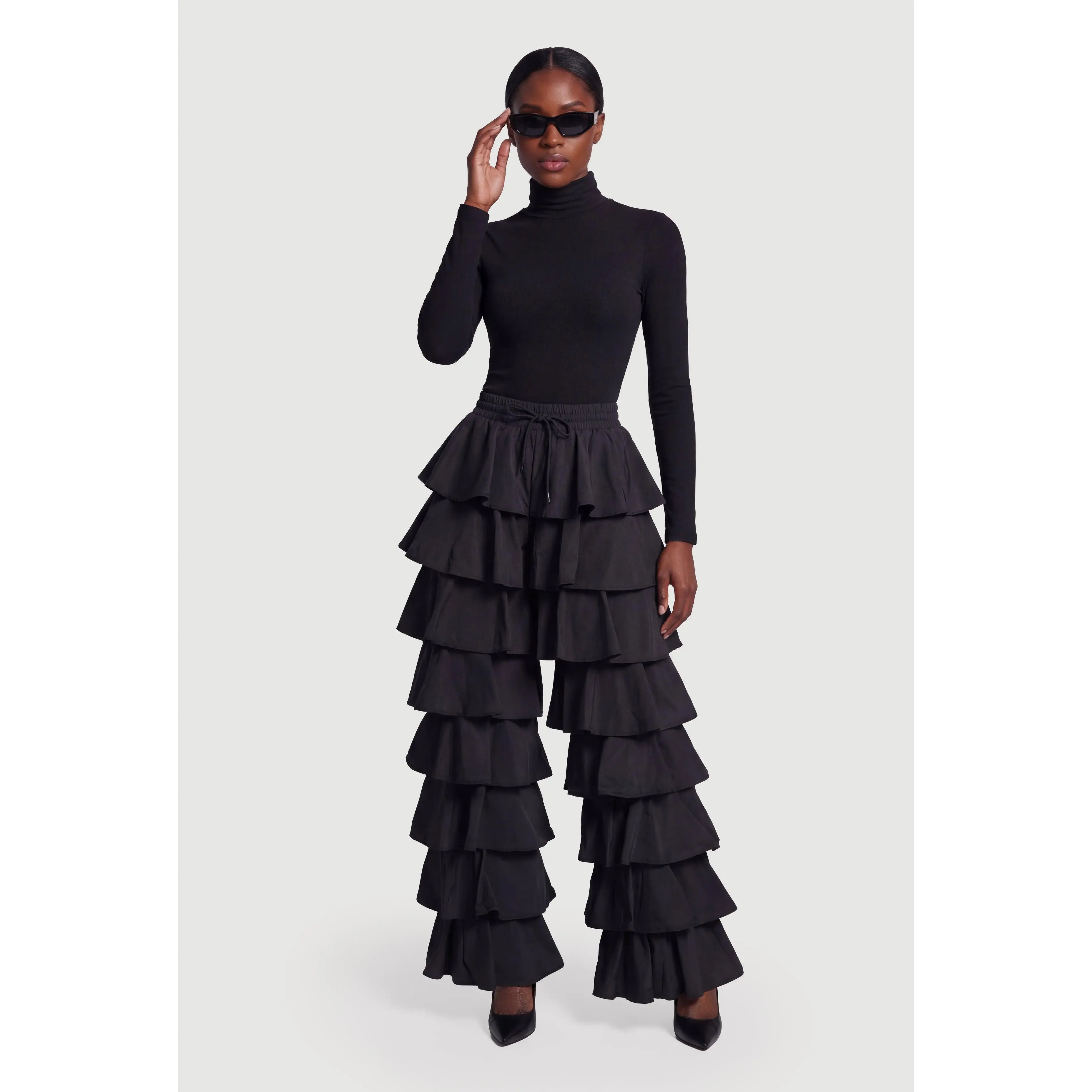 Drawstring Waist Ruffle Tiered Casual Pants