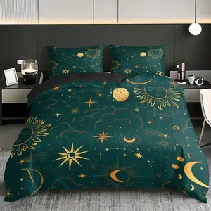 Three dark green Tarot-style sun and moon patterns decorative Duvet Cover Set, Includes 1 Fitted Sheet & 2 Pillowcases, Soft Breathable Design for Bedroom & Guest Room