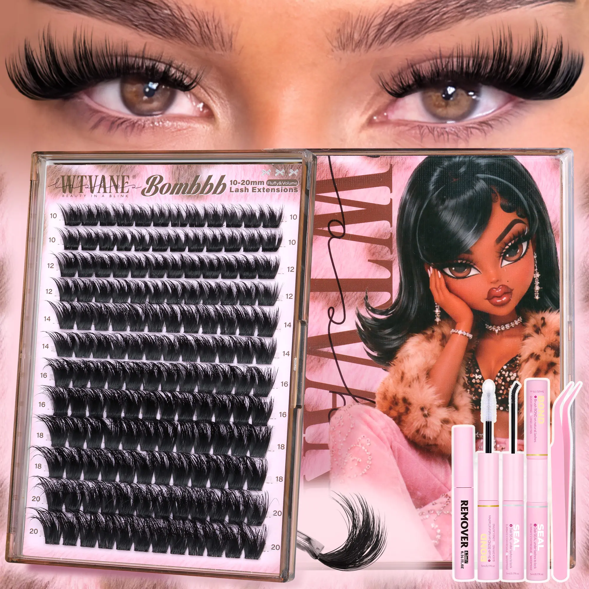 Wtvane Fluffie Lash Cluster Volume Eyelash Extensions 10-20 MM Cluster Eyelash Extensions D Curl Individual Lashes 200D Mega Volume Lash Extensions Wispy Featherlight Volumizing Wild Effect  for Bombshell Look Full Glam Makeup