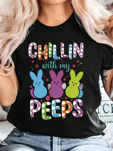 Plus Size, Enjoy the Large Women's T-Shirt with Your Best Friend- Colorful Easter Theme Design, Embellished with Fun and Colorful Letters, Cartoon Rabbits, and Heart Patterns- Joyful Casual Style for Spring Celebrations
