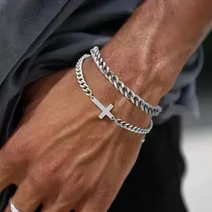 Men's bracelet with cross pendant, accessories, layered wristband, titanium steel, a birthday gift for a boyfriend