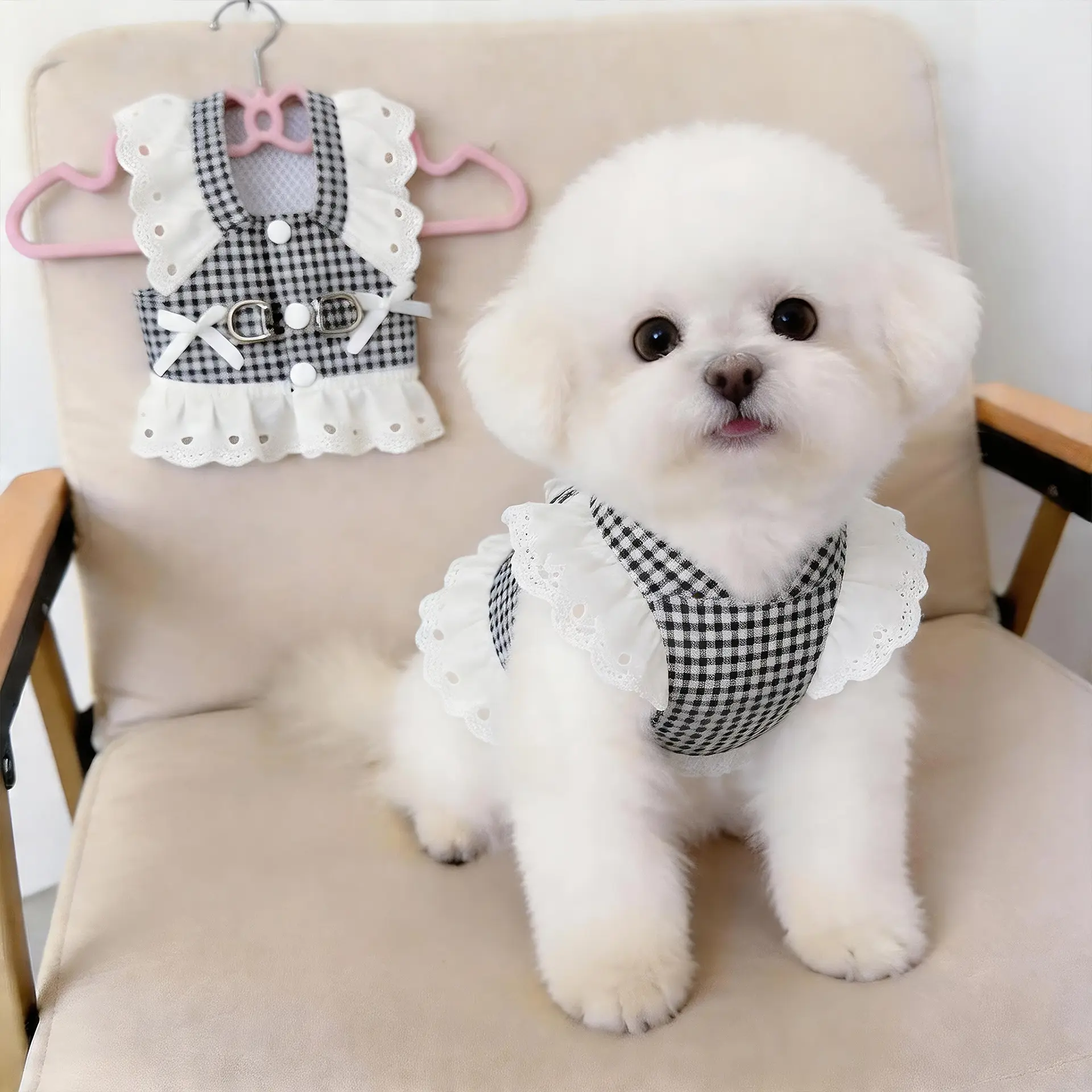 Stylish Pet Harness and Leash Set for Small Dogs & Cats - Button Bow, Plaid, Hollow-Out, Lace Trim, Escape-Proof, Versatile Seasonal Outdoor Walking Use