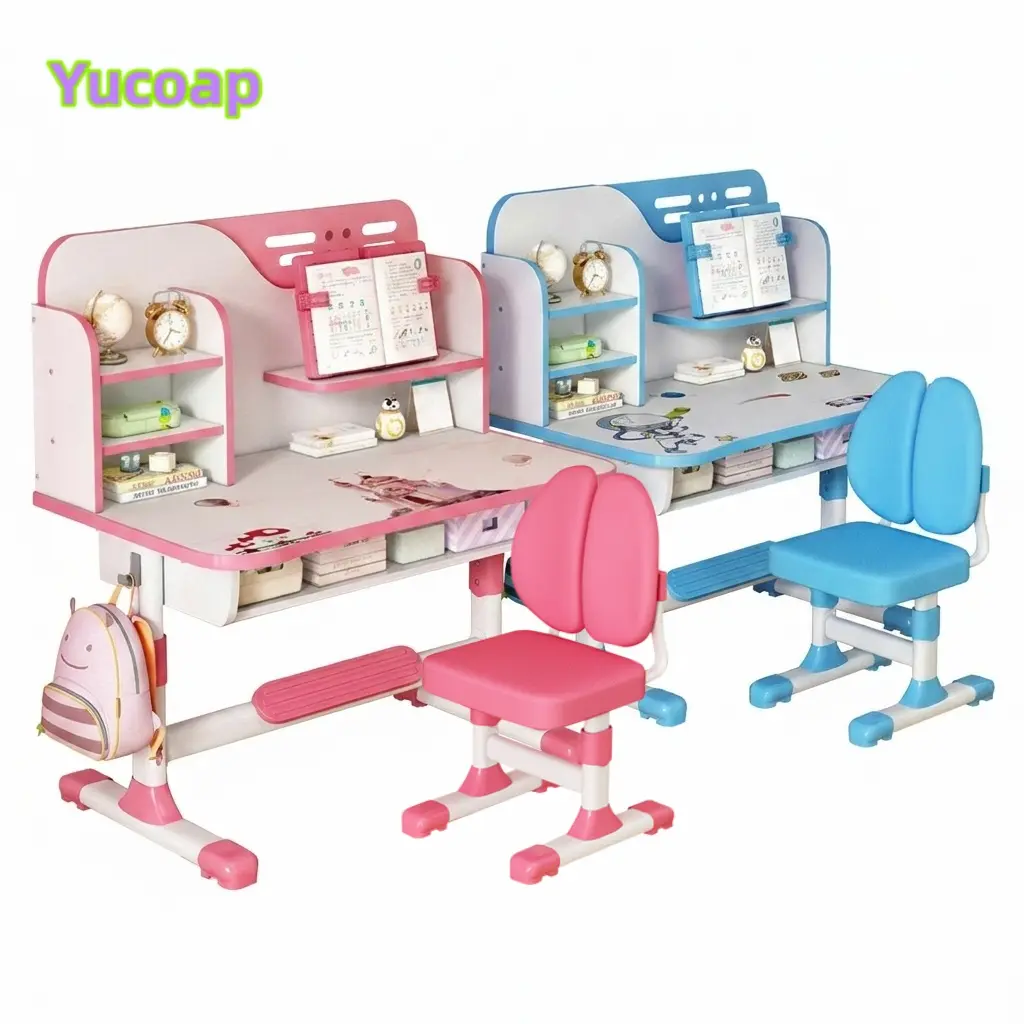 YUCOAP Kids Desk and Chair Set, Height Adjustable Study Table with Bookshelf and Storage Drawer, Pink Kids Desk for Boys and Girls Furniture Organizer