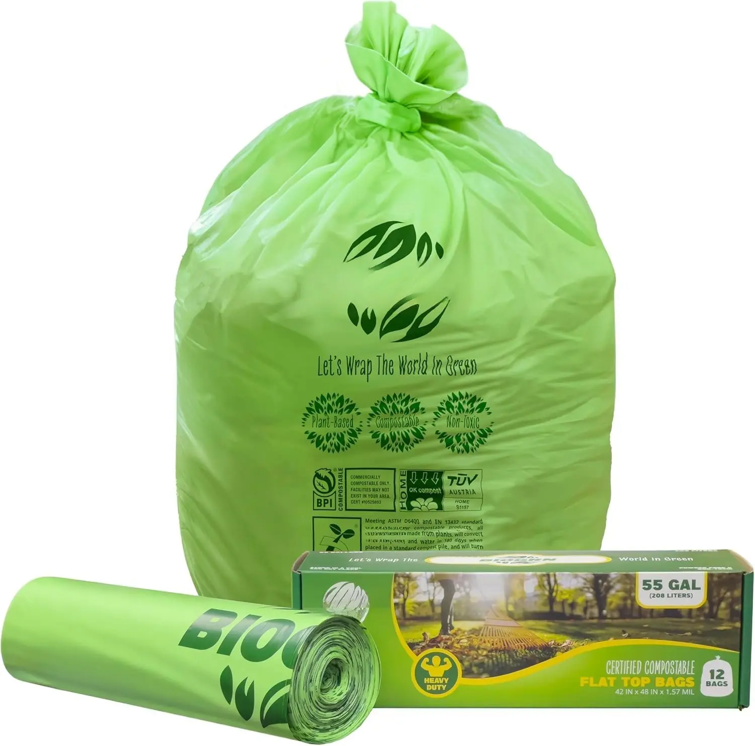 50-55 Gallon Compostable Trash Bags Flat-Top 12 Bags Heavy Duty 1.57 Mil 208.2 Liter Large Lawn and Yard  Bag Compost for Outdoor Garden ASTM D6400,  BPI and OK Compost  Certified