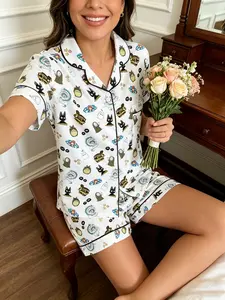 Teen Anime Cat and Dragon Print Pajama Set, Short Sleeve Open Front Top with Shorts, Soft Cotton Home Wear, Cute Anime Lover Sleepwear