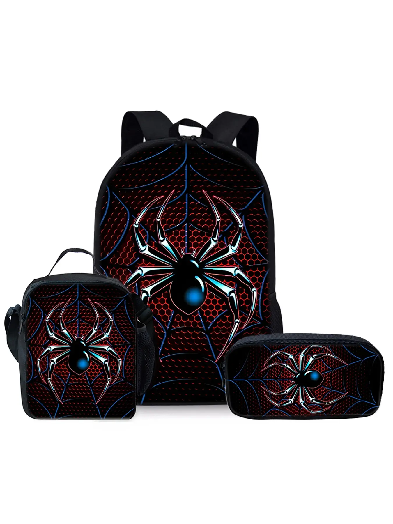 Spider pattern printed 17-inch Laptop Backpack Computer Bags three-piece set (single-layer backpack + shoulder strap lunch bag + single-layer pencil bag)
