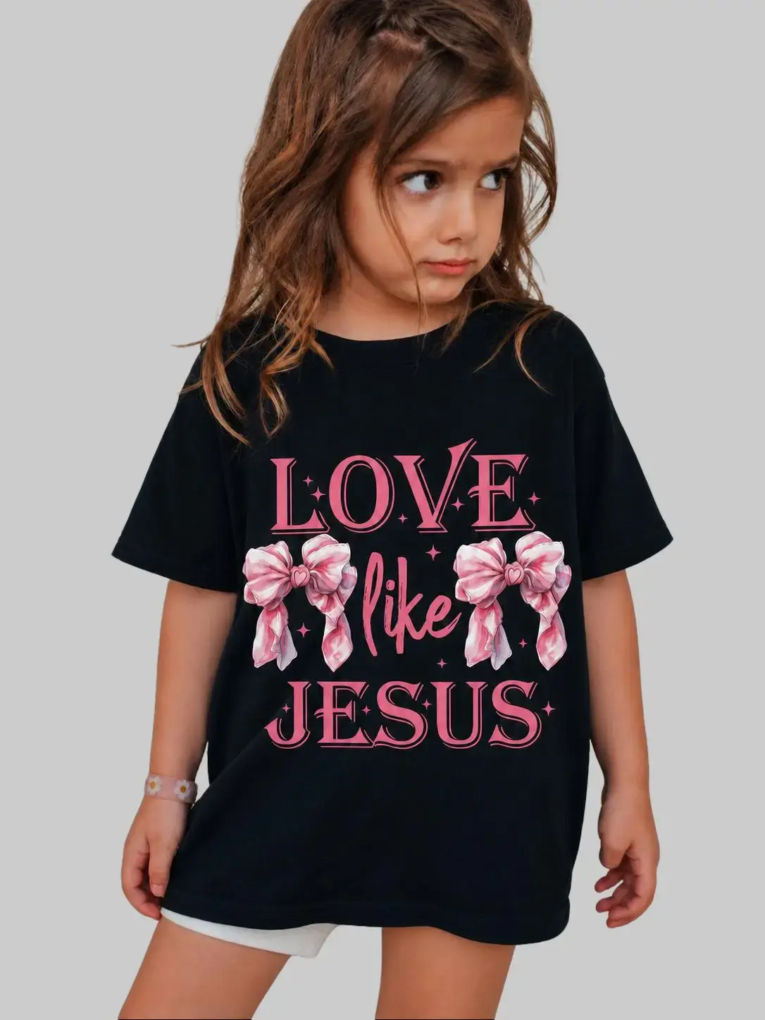 Love Like Jesus Kids T-Shirt Watercolor Pink Coquette Bow Sparkle Star Serif Script Graphic Short Sleeve Cotton Black Toddler Girls Christian Faith Casual Tee