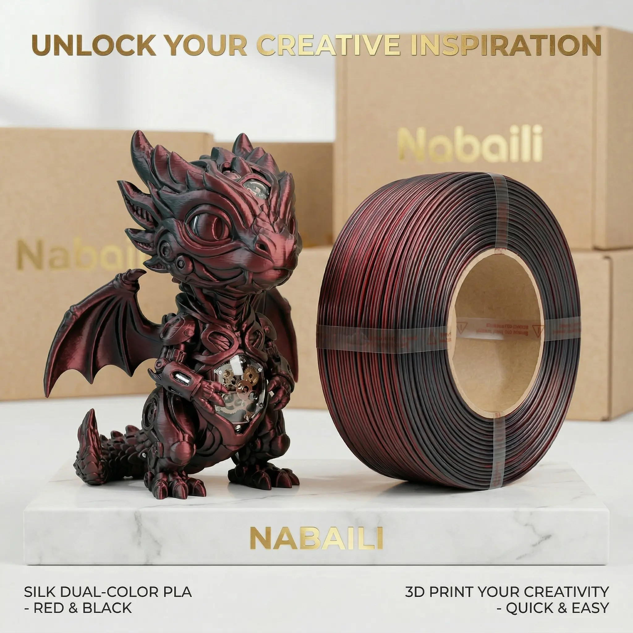 Nabaili Silk Dual-Color PLA 3D Printing Filament, Red & Black, Fused Deposition Modeling Office & Creative Project Supplies, Fused Deposition Modeling 3D Printing Supplies