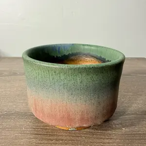 Handmade 4" Glazed Ceramic Plant Pot with Drainage Hole - Green and Pink Gradient Finish