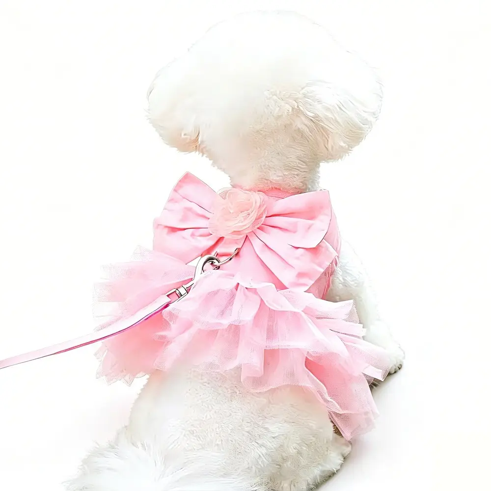 Flower Bow Lace Cute Pet Dress Princess Vest Puppy Harness Leash Set, 120cm/47.24in Leash, Ideal for Poodle Puppies, Dogs and Cats Walking