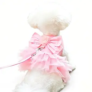 Flower Bow Lace Pet Dress Outfits Princess Vest Harness Leash Set, 120cm/47.24in Leash, Ideal for Dogs and Cats Walking