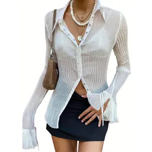Women's Vintage Pleated Long Sleeve Shirt - Semi-Sheer V-Neck, Single-Breasted, Flared Sleeves, Solid Color, Slim Fit, Y2K Style for Spring, Summer, and Autumn