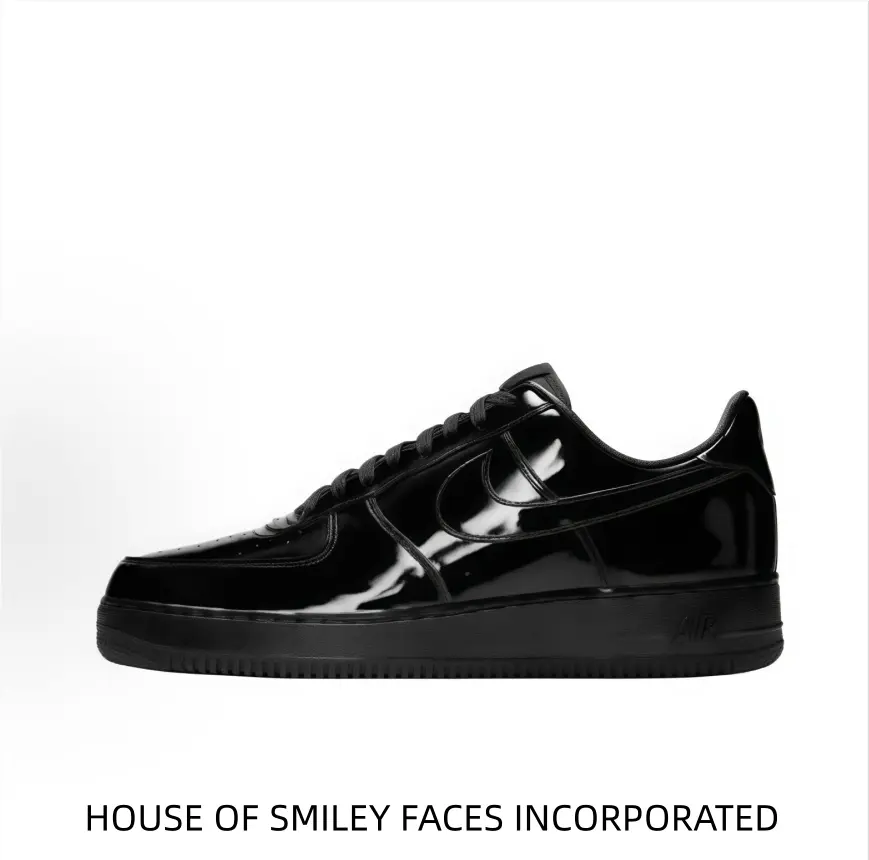 All-black glossy low-top footwear with thick platform midsole. Fashion-forward patent material upgrades simple outfits for club nights and urban street styling.