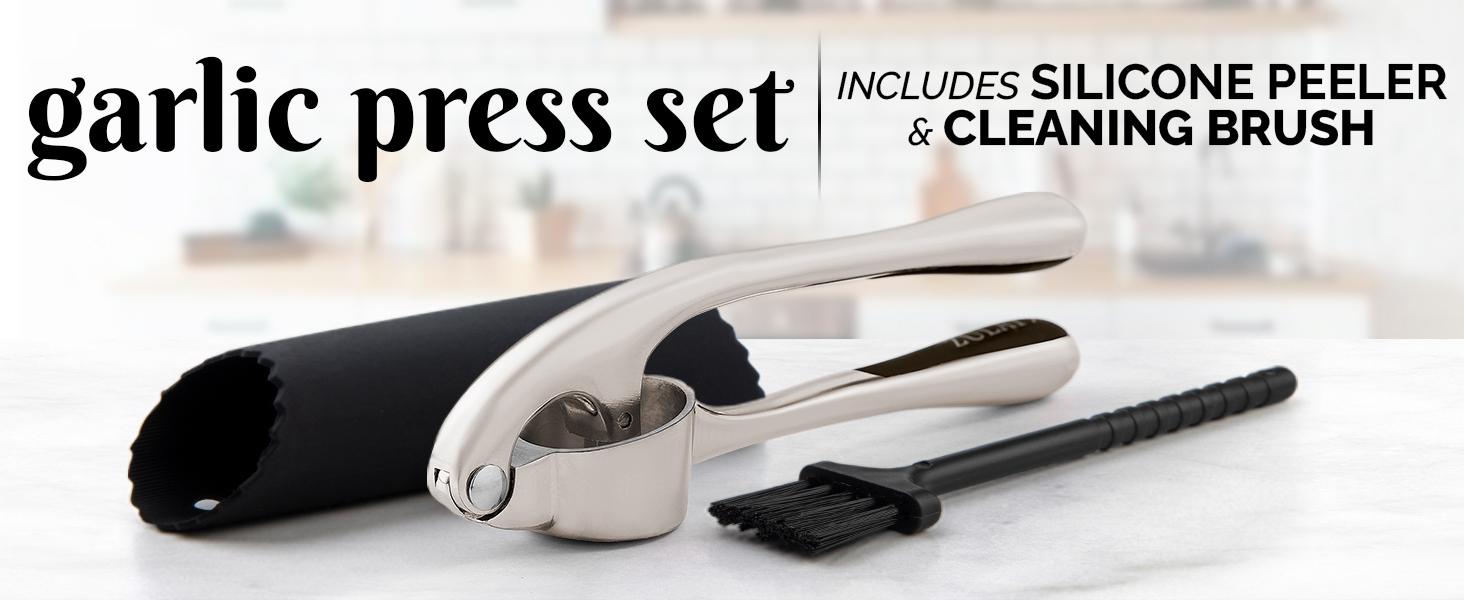 Premium Garlic Press Set - Rust Proof Professional Garlic Mincer Tool - Easy-Squeeze, Easy-Clean with Soft, Ergonomic Handle - Silicone Garlic Peeler & Brush (Silver)