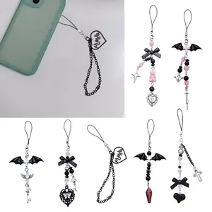 Goth Phone Charm Pendant Kawaii-Key Chain for Bag Accessory Women Crystal Butterfly Beads Electronic Safety Smartphone Cellphone Charm Gift