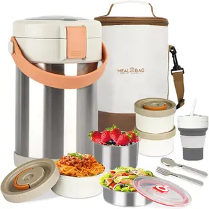 67oz/2L Thermo for Hot Food, 304 Stainless Vacuum Soup Thermo, Leak-Thermal Box with 3 Stackable Bento Boxes for Adults Office Travel Camping, Large thermo for hot food