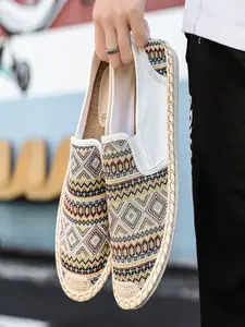 Men's Ethnic Style Breathable Canvas Shoes, Woven Slip-On Loafers Casual Espadrilles