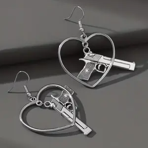 Retro Personality Fun Dark Punk Exaggerated Hollow Heart-shaped Earrings For Ladies with Gun Design