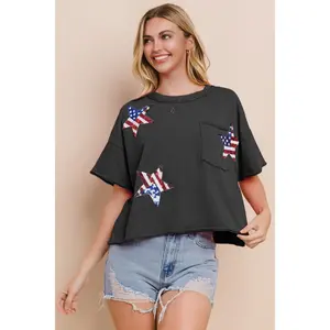 Flag Star Sequin Patch Top Casual Shirts Women's Blouse Chic Comfortable Cotton Day Short Sleeve Crew Neck Everyday Wear Patriotic Style with Sparkle Womenswear Streetwear Shortsleeve Crewneck
