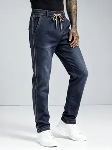 Men's Elastic Drawstring Denim Jeans, Non Distressed Jean, Side Stripe Slim Fit Casual Long Pants, All Season Natural Waist, Loose-Fitting Plain Design