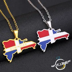 Retro Dominican Map and Flag Pendant Necklace | Couple Style | Retro Style | Hip-Hop Style | Unisex | Couple Necklace | Holiday Gift | Ethnic Style | Creative Ethnic Map Pendant Necklace