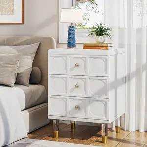 LITTLE TREE Nightstand with 3 Drawers, White and Gold Nightstands Bedside Table, Modern Night Stand, Small Chest of Drawers, Sofa End Tables with Storage for Dorm, Bedroom
