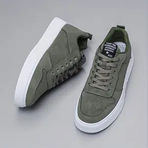 [Everyday Comfort] Men's Casual Lace-up Sneakers - Olive Green Low-top Skateboard Shoes, White Sole, Breathable Fabric Lining, Durable PVC Outsole for All-day Comfort