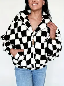 Women's Plush Colorblock Zip Up Hooded Long Sleeve Checkered Loose Fit Coat with Zipper Pocket Design, Casual Jackets Fall Winter Outerwear