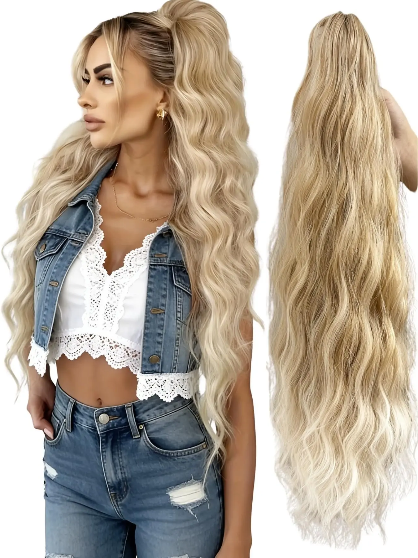 Women's Long Water Wave Claw Clip Ponytail Wig, Fluffy Natural Soft Long Synthetic Fiber Hair High Ponytail Extension, Wavy Synthetic Ponytail Hairpieces
