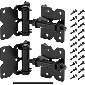2 Pack Self Closing Gate Hinges for Wooden Fences Heavy Duty Solid Vinyl Fence Gate Closer Hinges with 22 Screws Swing Adjuster Tool 90 Degree Tension Boerboel Gate Hardware Kit Black Finish