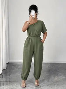 Plus Size Women's Plain Asymmetrical Jumpsuit, Womenswear, High Waist, 3D Pockets, Cuffed Long Cut, Fashionable Style and Comfortable, Versatile for Daily Wear