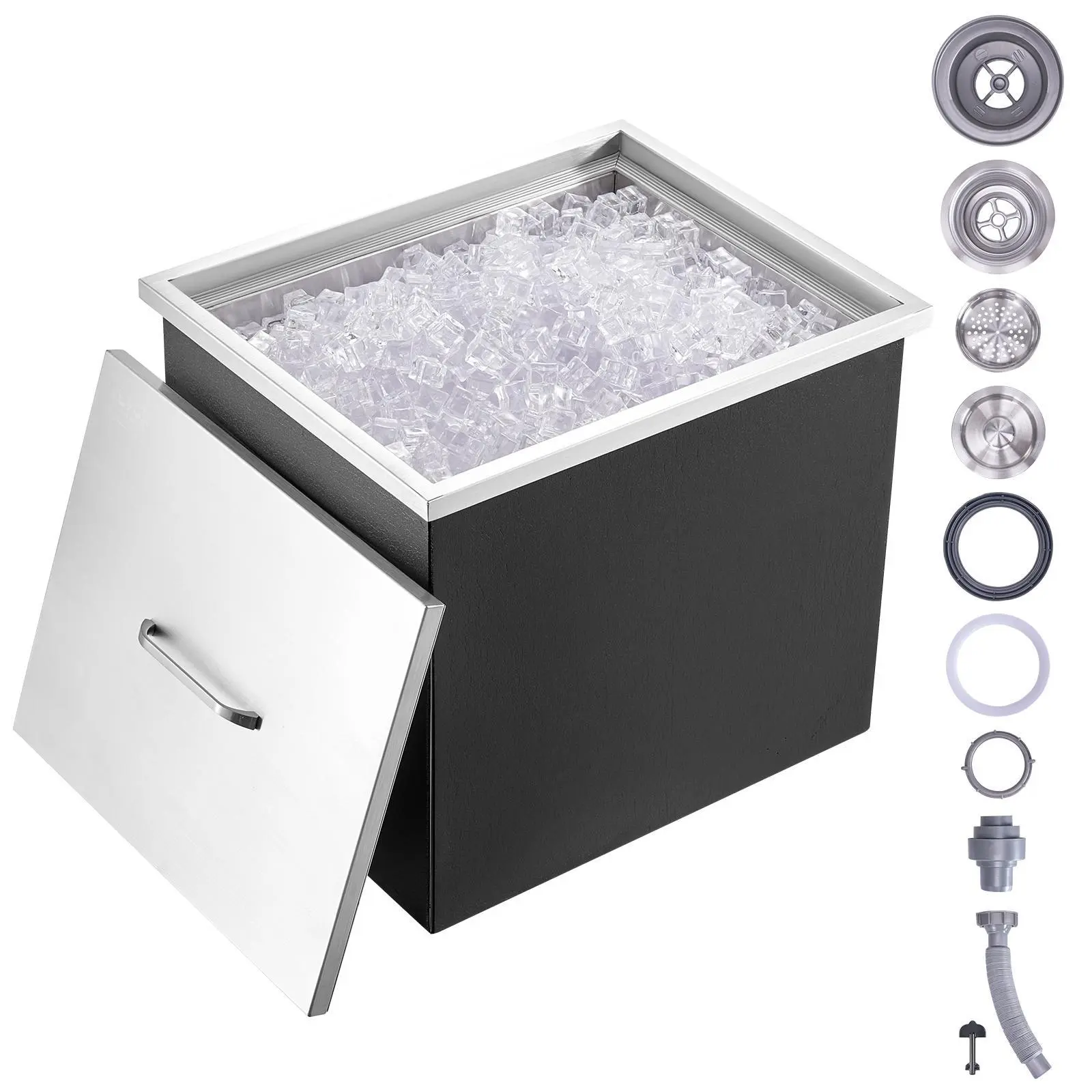 VEVOR Drop in Ice Chest,  21"L x 17"W x 18"H Stainless Steel Ice Cooler, Commercial Ice Bin with Cover, 40 qt Outdoor Kitchen Ice Bar, Drain-pipe and Drain Plug Included, for Cold Wine Beer#BacktoSchool