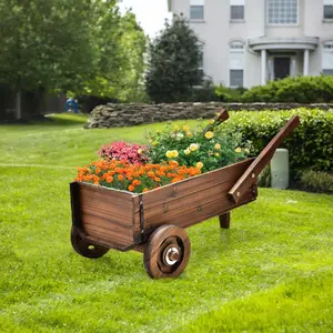 Wooden Wagon Planter Box With Wheels Handles And Drainage Hole garden beds raised