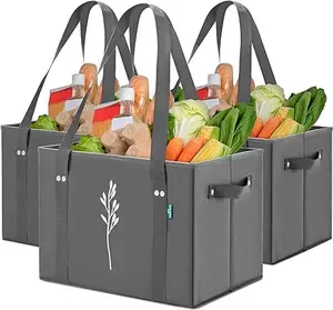 Heavy Duty, Foldable, Space Saving Tote Shopping Bags - Box Bag w/Straps And Handles (Set of 3) - Gray