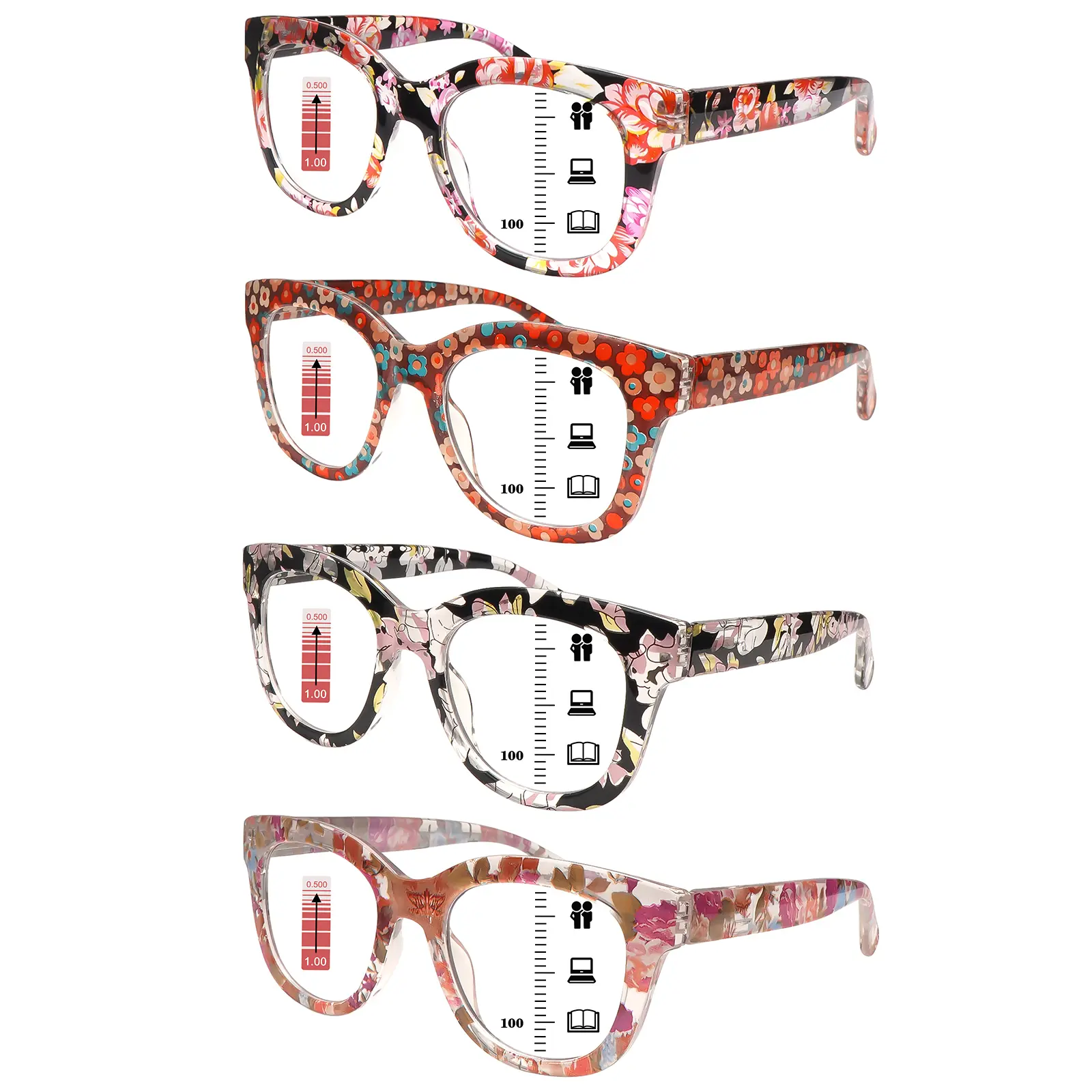 4 Pcs Floral-Print Multifocal Reading Glasses with Oversized Square-Round Plastic Frames, featuring sturdy spring-loaded metal hinges and a blend of European and American fashion styles. Fresh and elegant, they make the perfect gift.