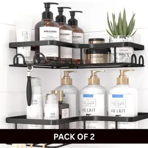 2-Pack Corner Shower Caddy – No-Drill Adhesive Bathroom Shelves with Hooks, Rustproof Stainless Steel Organizer