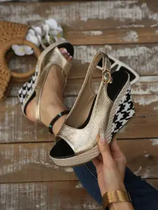 Women's Metal Toe-Open Wedge Sandals, Tartan Thick Sole Waterproof Platform Fish Mouth Shoes, Summer Casual Buckle Sneakers