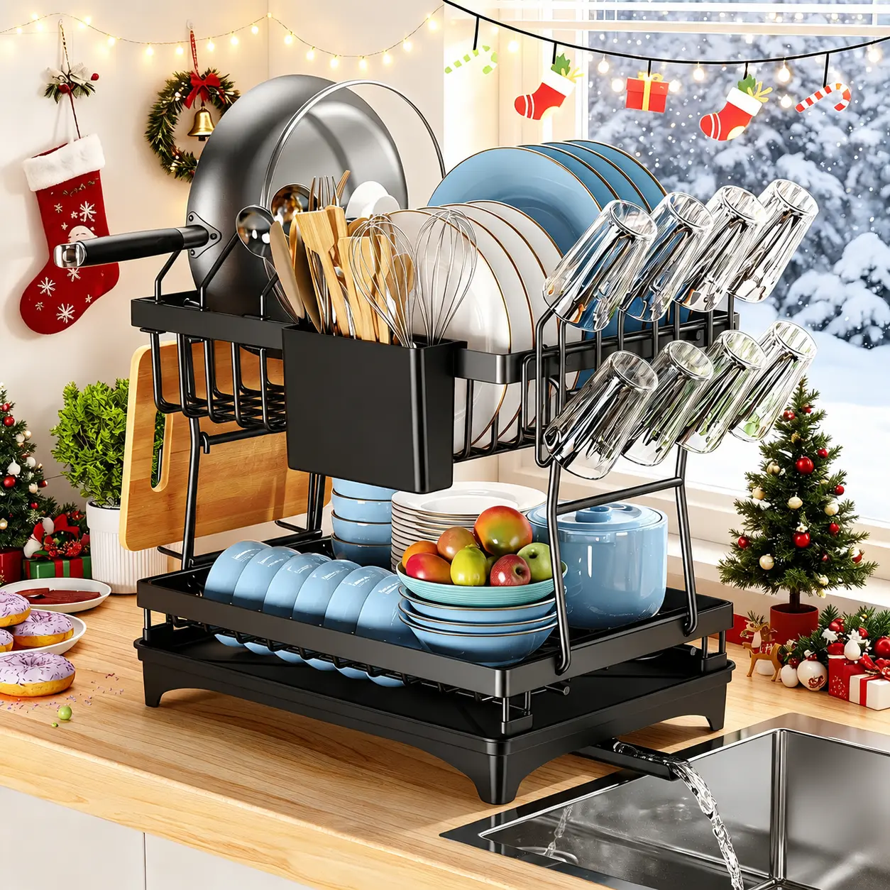 PKBD Black 2-Tier Rustproof Stainless Steel Dish Drying Organiser Set, Adjustable Large Kitchen Counter Storage Rack with Drainboard, Pot Holder, Utensil & Cup Holders, Easy Installation High-Quality Carbon Steel