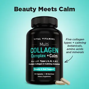 Vital Vitamins Multi Collagen Complex + Calm - 5 Collagen Types (I, II, III, V & X) with L-Theanine, Ashwagandha & Magnesium Glycinate - Melatonin-Free - 90 Capsules