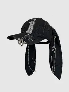 Y2K Post-Apocalyptic Bunny Ear Denim Baseball Cap, Dark Punk Style Photo Hat, Hole Design, Street Fashion for Women, Distressed Hat