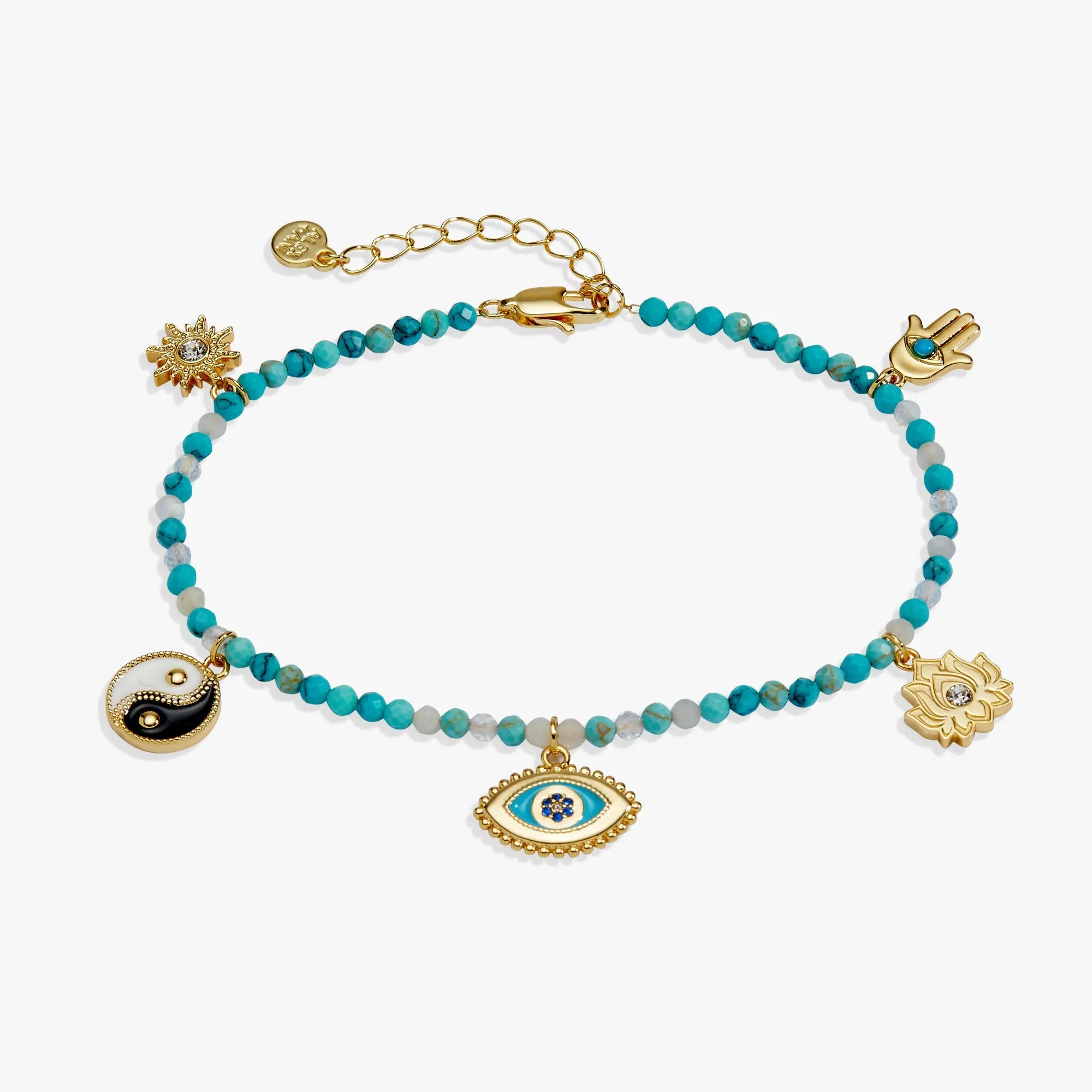 Healing Stone Charm Anklet | Turquoise Beaded Anklet with Hamsa, Evil Eye & Lotus Charms in Gold