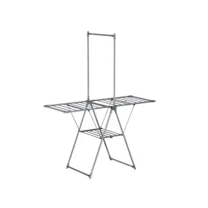 SONGMICS HOME Clothes Drying Rack, Foldable 2-Level Laundry Drying Rack, Free-Standing Airer, 1 Additional Tall Hanging Bar, 2 Height-Adjustable Wings, 24 Drying Rails
