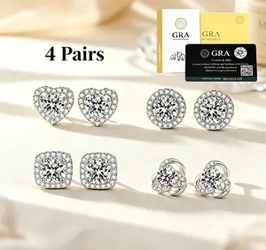 Factory Direct 4 Pairs Moissanite Sparkly  Earrings for Women, Hypoallergenic Waterproof Stud Earrings Set, Everyday Jewelry Gift for Mom, Best Friend, Girlfriend