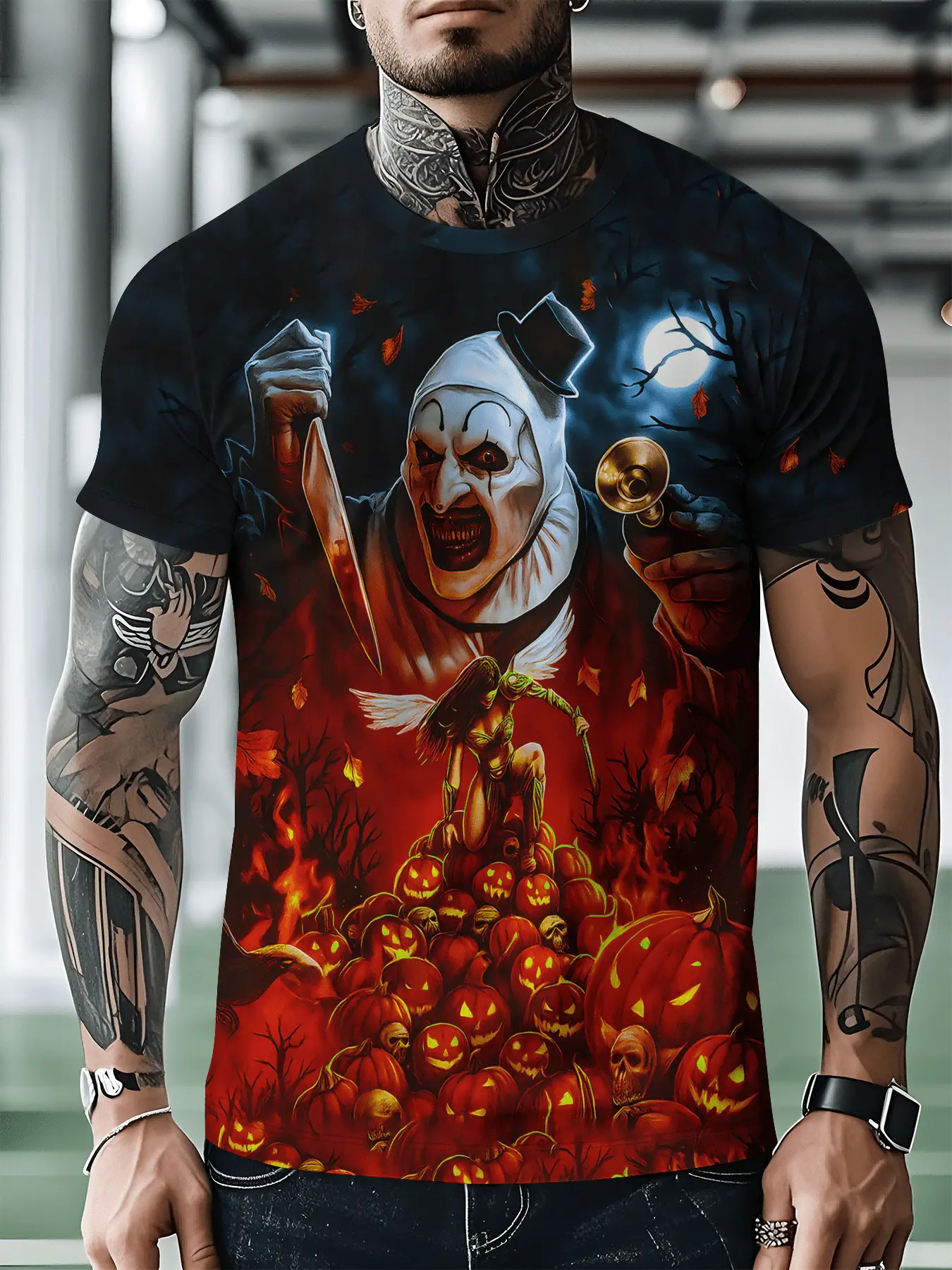 Men's Gothic Joker and Pennywise Horror Print T-Shirt - Breathable Polyester Mesh Crewneck Casual Graphic Tee Featuring Clown and Pennywise Designs, Themed Event Apparel, Durable Fabric, Comfortable Fit, Streetwear Style, Lightweight Material