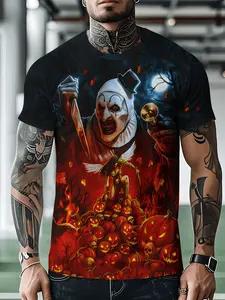Men's Gothic Joker and Pennywise Horror Print T-Shirt - Breathable Polyester Mesh Crewneck Casual Tee Featuring Clown and Pennywise Designs, Themed Event Apparel, Durable Fabric, Comfortable Fit, Streetwear Style, Lightweight Material
